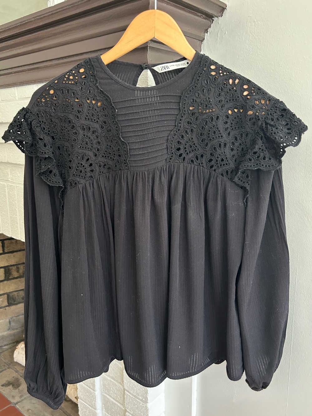 Zara Black Crochet Yoke Long Sleeve Blouse